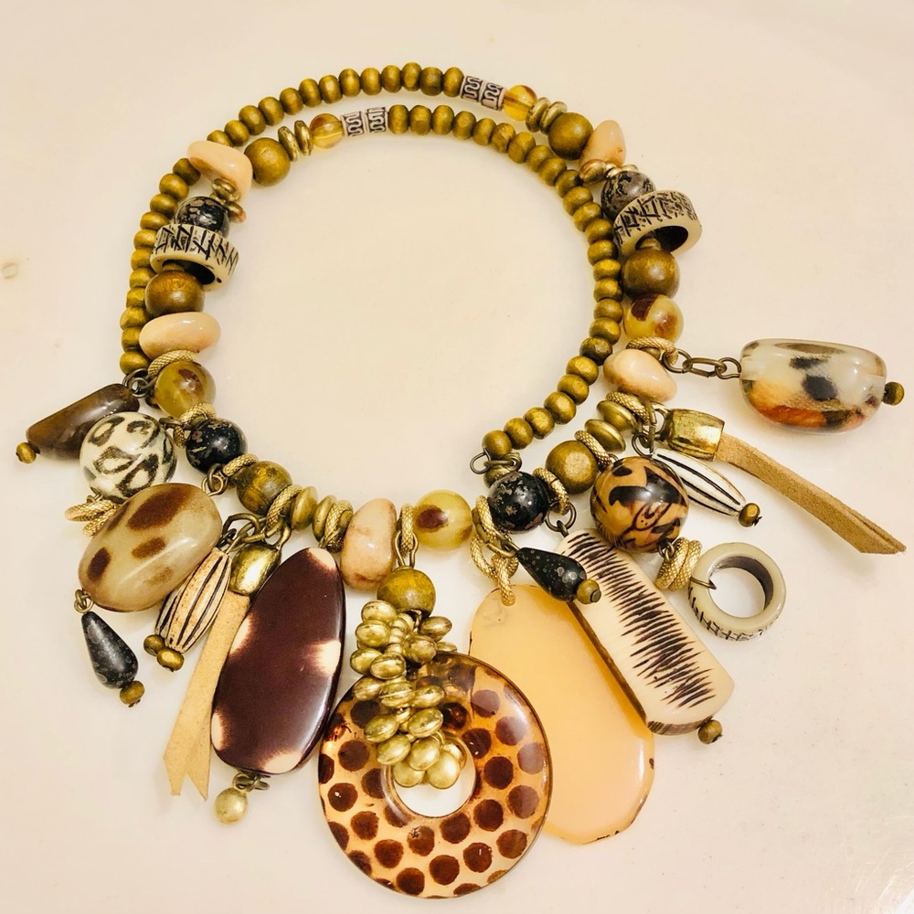 Vintage Oversized Earth Tone Wild Exotic Beaded Ovelap Choker